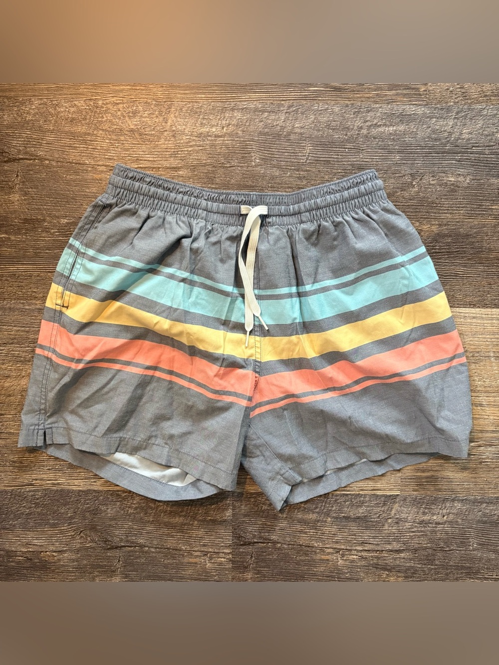 SOLD chubbies Gray Swim Trunks with Aqua, Yellow, and Coral Stripes